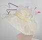 Wide Brim Sinamay Derby Hat: Ivory with Blue Feather Flower