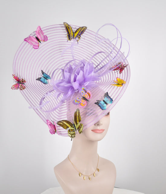 Lavender w Butterflies Goose Flowers and Ostrich Feather Quills Fascinator Kentucky Derby Hat Church Tea wedding Party Hat