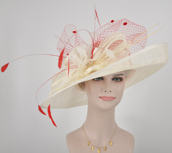 Ivory Sinamay Derby Hat: Wide Brim Wedding, Tea Party, Ascot