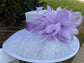 Sinamay Derby Hat: White Wide Brim with Lavender Feather Flower