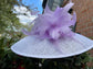 Sinamay Derby Hat: White Wide Brim with Lavender Feather Flower
