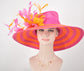 Orange & Hot Pink Feather Flower Derby Hat - Wide Brim Sinamay Straw