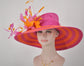 Orange & Hot Pink Feather Flower Derby Hat - Wide Brim Sinamay Straw