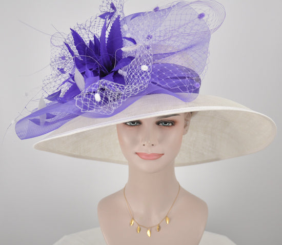 Church Derby Hat Wide Brim Sinamay Hat Carriage Tea Party Wedding  White with Purple