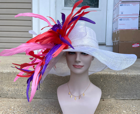 White w Red Purple Feathers Derby Hat, Tea Party Hat
