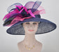 Navy Sinamay Derby Hat: Hot Pink Feather Flowers, Peacock Feathers