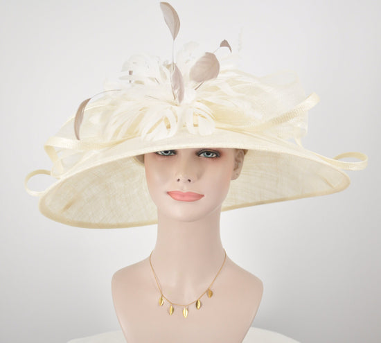 Ivory Derby Hat: Jumbo Feather Flower Sinamay Church Hat