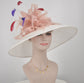 Sinamay Derby Hat: Wide Brim Off White with Blush Pink Feather Flower