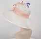 Sinamay Kentucky Derby Hat: Wide Brim Off White with Blush Pink Feather Flower