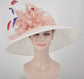 Sinamay Derby Hat: Wide Brim Off White with Blush Pink Feather Flower