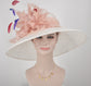 Sinamay Kentucky Derby Hat: Wide Brim Off White with Blush Pink Feather Flower