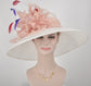 Sinamay Kentucky Derby Hat: Wide Brim Off White with Blush Pink Feather Flower