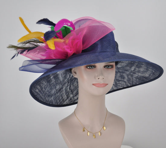 Navy Sinamay Kentucky Derby Hat: Feather Flowers Wide Brim Tea Party Hat