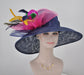 Navy Sinamay Kentucky Derby Hat: Feather Flowers Wide Brim Tea Party Hat