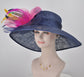 Navy Sinamay Kentucky Derby Hat: Feather Flowers Wide Brim Tea Party Hat