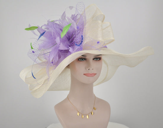 Ivory Sinamay Derby Hat: Lavender Feather Flower Wide Brim