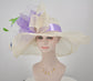 Ivory Sinamay Kentucky Derby Hat: Lavender Feather Flower Wide Brim