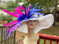 Wide Brim Sinamay Kentucky Derby Hat: White, Royal Blue & Hot Pink Feathers