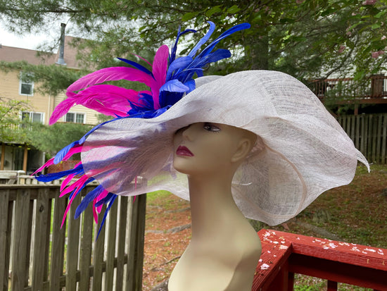 Wide Brim Sinamay Derby Hat: White, Royal Blue & Hot Pink Feathers