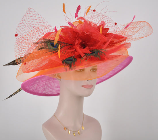 Church Kentucky Derby Hat Wide Brim Sinamay Hat Carriage Tea Party Wedding  Hot Pink w Orange Red Peacock Feathers