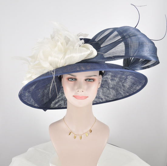 Navy Derby Hat: Ivory Feather & Silk Abaca Bows