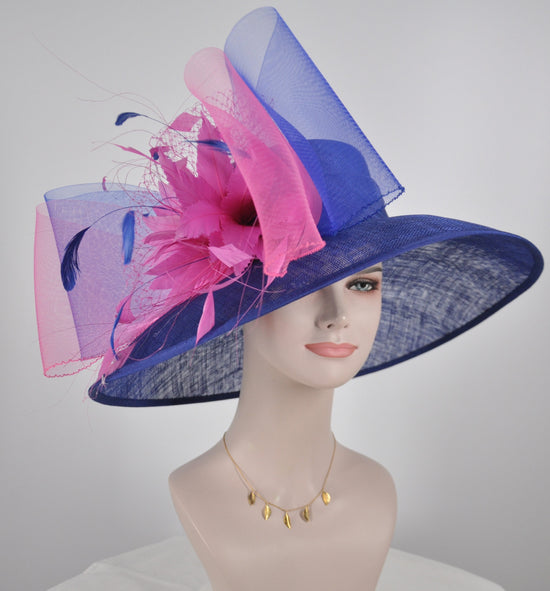 Royal Blue Sinamay Kentucky Derby Hat: Hot Pink Feather Flowers