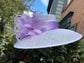 Sinamay Kentucky Derby Hat: White Wide Brim with Lavender Feather Flower