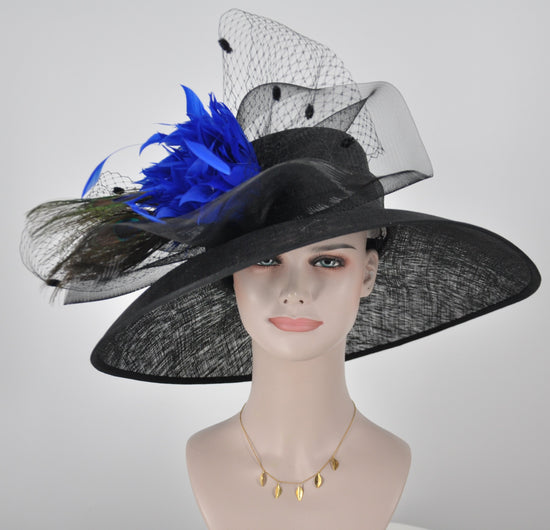 Sinamay Kentucky Derby Hat: Black Wide Brim with Royal Blue Flower
