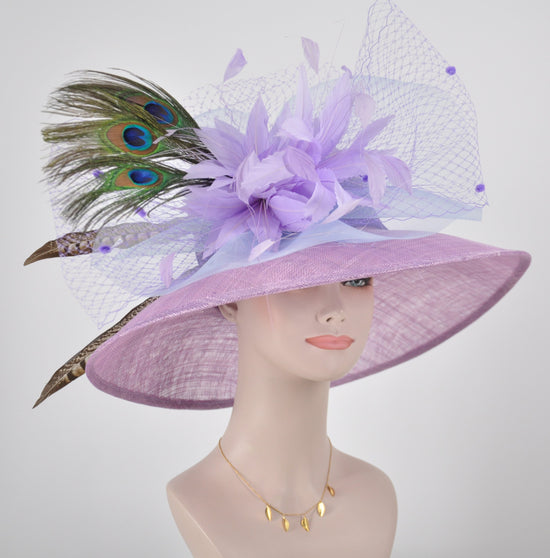 Church Kentucky Derby Hat Wide Brim Sinamay Hat Carriage Tea Party Wedding  Lilac Purple Lavender w Peacock and Pheasant Feathers