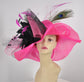 Hot Pink Sinamay Derby Hat: Black Bow & Feather Flowers