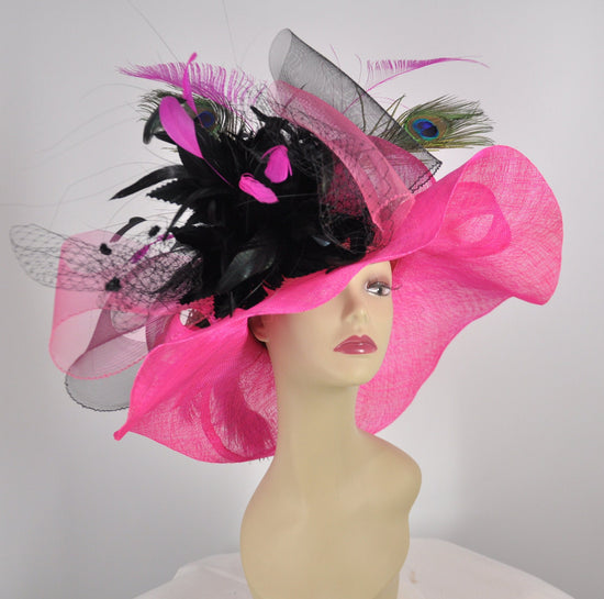 Hot Pink Sinamay Derby Hat: Black Bow & Feather Flowers