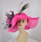 Hot Pink Sinamay Derby Hat: Black Bow & Feather Flowers