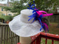 Wide Brim Sinamay Kentucky Derby Hat: White, Royal Blue & Hot Pink Feathers