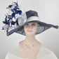 Navy Blue w White  Jumbo  Feather Flower Kentucky Derby Hat, Church Hat, Wedding, Easter Hat, Tea Party Hat