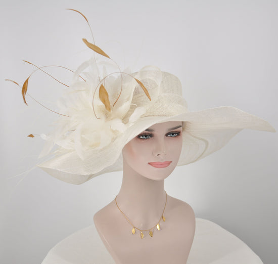 Ivory Kentucky Derby Hat: Feather Flower Sinamay Church Hat