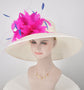 Wide Brim Sinamay Derby Hat: Ivory, Hot Pink Feather Flower