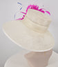 Wide Brim Sinamay Derby Hat: Ivory, Hot Pink Feather Flower
