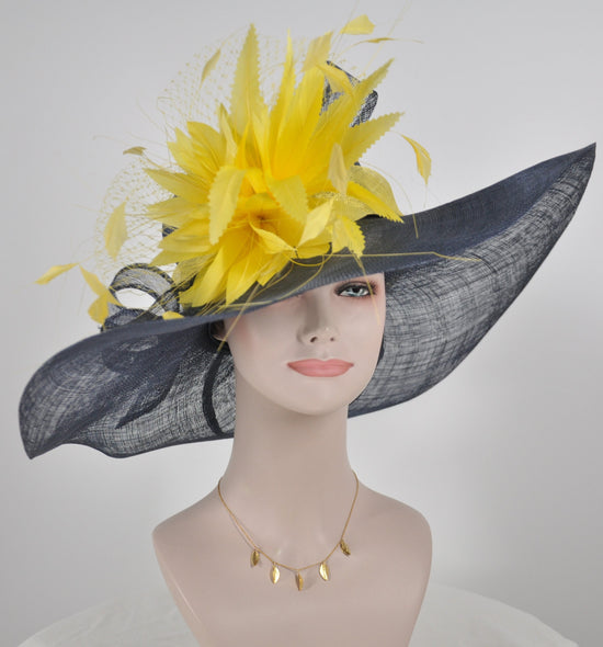 Navy Sinamay Derby Hat: Feather Flower Church Hat