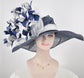 Navy Blue w White  Jumbo  Feather Flower Kentucky Derby Hat, Church Hat, Wedding, Easter Hat, Tea Party Hat