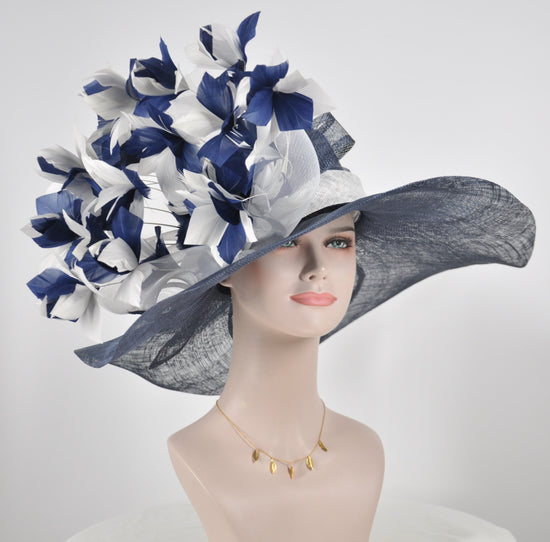 Navy Blue w White  Jumbo  Feather Flower Kentucky Derby Hat, Church Hat, Wedding, Easter Hat, Tea Party Hat