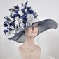 Navy Blue w White  Jumbo  Feather Flower Kentucky Derby Hat, Church Hat, Wedding, Easter Hat, Tea Party Hat