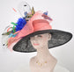 Kentucky Derby Sinamay Hat, Wide Brim, Coral Pink, Black, Butterfly