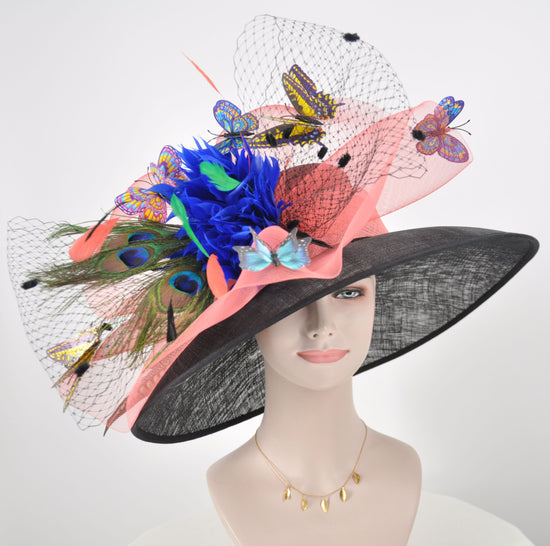 Kentucky Derby Sinamay Hat, Wide Brim, Coral Pink, Black, Butterfly