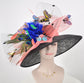 Kentucky Derby Sinamay Hat, Wide Brim, Coral Pink, Black, Butterfly