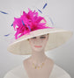 Wide Brim Sinamay Derby Hat: Ivory, Hot Pink Feather Flower