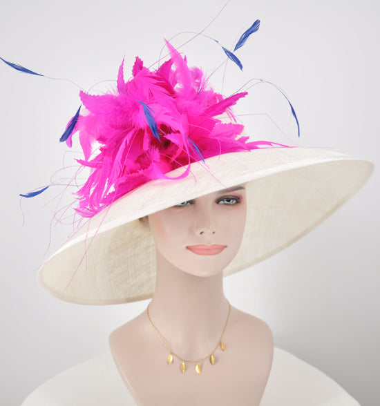 Wide Brim Sinamay Derby Hat: Ivory, Hot Pink Feather Flower