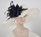 White Sinamay Kentucky Derby Hat: Navy Blue Feather Church Hat