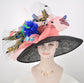 Kentucky Derby Sinamay Hat, Wide Brim, Coral Pink, Black, Butterfly