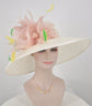 Church Kentucky Derby HatCarriage Tea Party Wedding Wide Brim  Royal  Hat  Sinamay Hat Off White /Ivory w Dusty Pink Feather  Flower