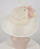 Church Kentucky Derby HatCarriage Tea Party Wedding Wide Brim  Royal  Hat  Sinamay Hat Off White /Ivory w Dusty Pink Feather  Flower